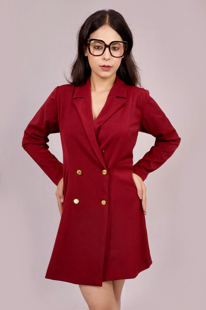Maroon Blazer Dress with Gold Buttons | Prt--Porter Maroon Blazer Dress with Gold Buttons | Prt--Porter